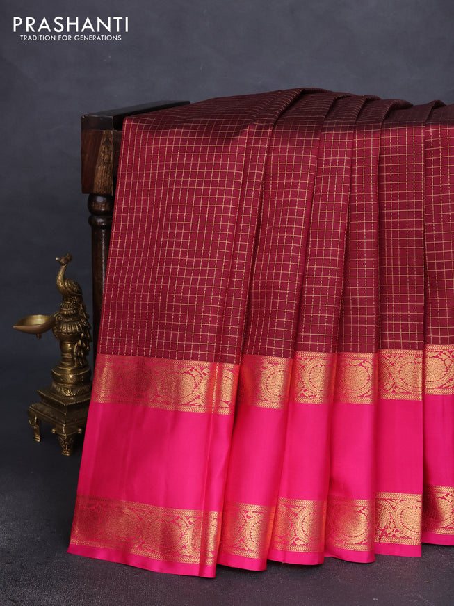 Pure kanchipuram silk saree maroon and pink with allover zari checked pattern and long rettapet zari woven border