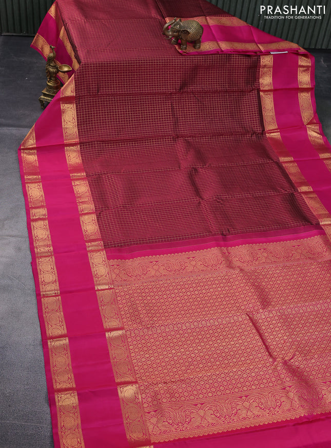 Pure kanchipuram silk saree maroon and pink with allover zari checked pattern and long rettapet zari woven border