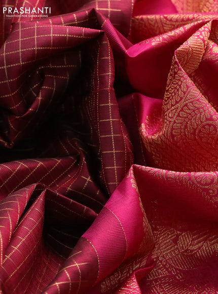 Pure kanchipuram silk saree maroon and pink with allover zari checked pattern and long rettapet zari woven border