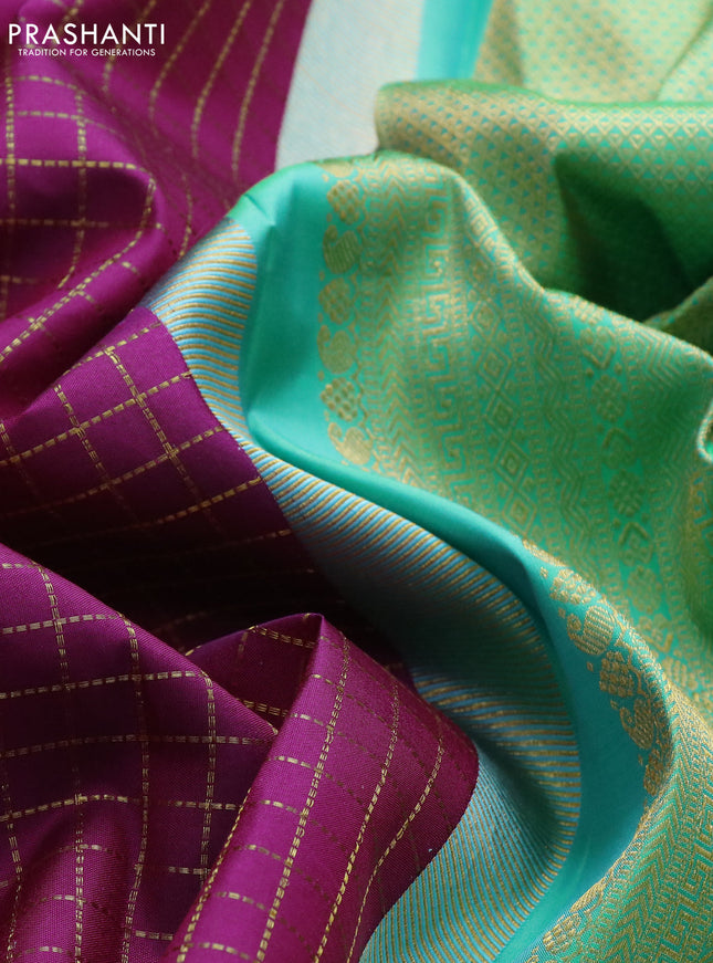 Pure kanchipuram silk saree magenta pink and teal green sahde with allover zari checked pattern and annam zari woven koravi border