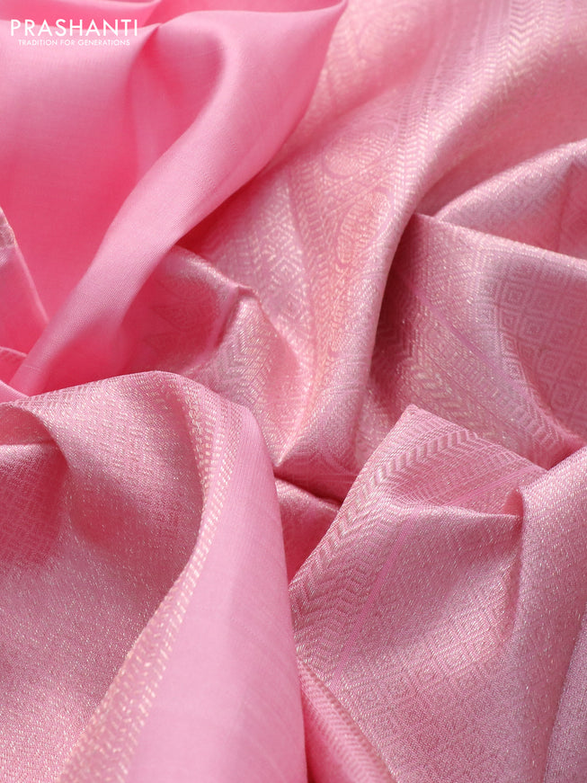 Pure kanchipuram silk saree peach pink and dark magenta pink with allover zari weaves & buttas in borderless style