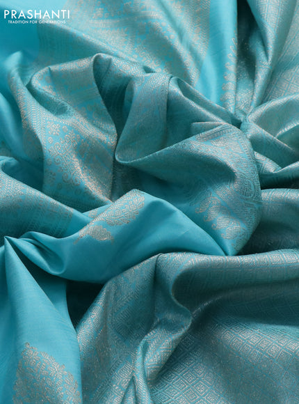 Pure kanchipuram silk saree teal blue shade and purple with allover zari weaves & buttas in borderless style