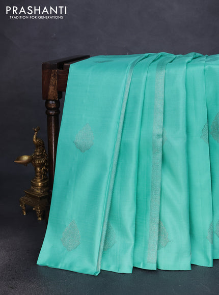 Pure kanchipuram silk saree teal shade and magenta pink with allover zari weaves & buttas in borderless style