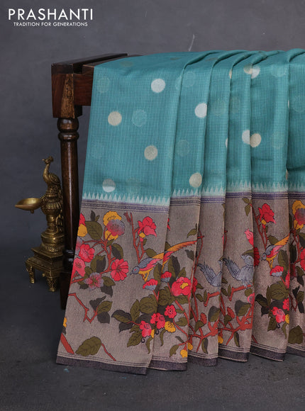 Banarasi silk kota saree pastel green and navy blue with zari woven coin buttas and long paithani style border