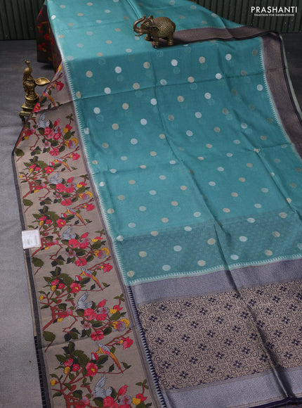 Banarasi silk kota saree pastel green and navy blue with zari woven coin buttas and long paithani style border