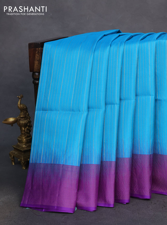 Pure soft silk saree teal blue and violet with allover zari weaves and zari woven border