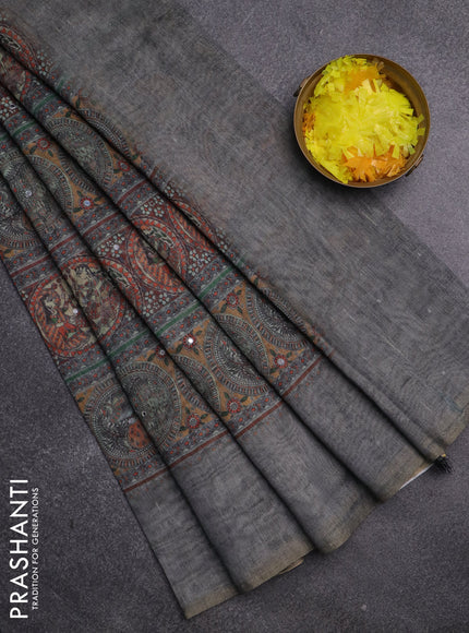 Semi linen saree pastel grey with madhubani prints & mirror work and simple border