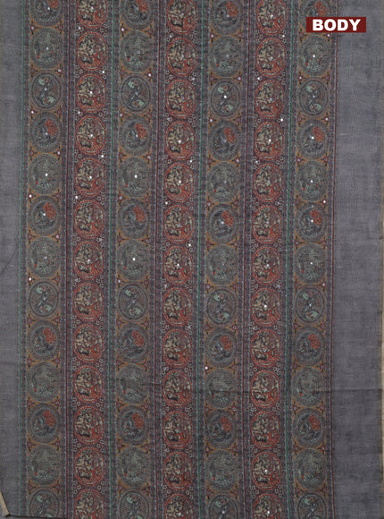 Semi linen saree pastel grey with madhubani prints & mirror work and simple border