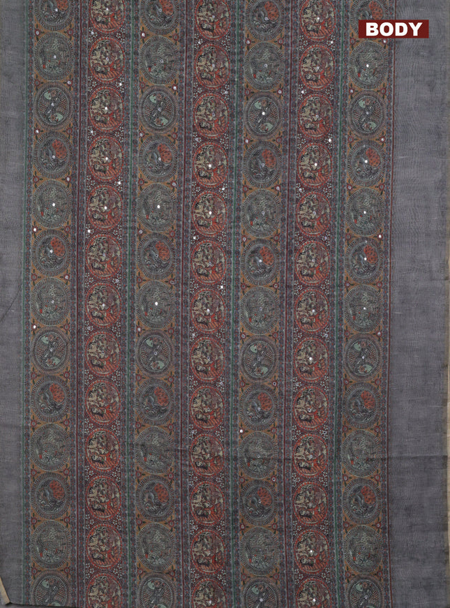 Semi linen saree pastel grey with madhubani prints & mirror work and simple border