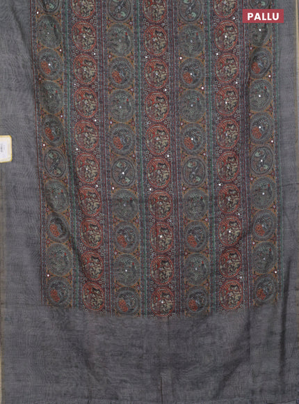 Semi linen saree pastel grey with madhubani prints & mirror work and simple border