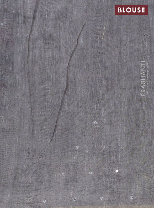 Semi linen saree pastel grey with madhubani prints & mirror work and simple border