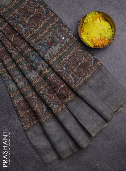 Semi linen saree pastel grey with madhubani prints & mirror work and simple border