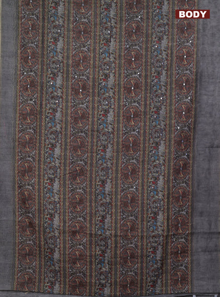 Semi linen saree pastel grey with madhubani prints & mirror work and simple border