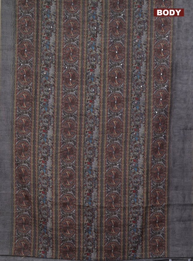 Semi linen saree pastel grey with madhubani prints & mirror work and simple border