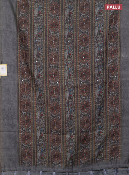 Semi linen saree pastel grey with madhubani prints & mirror work and simple border