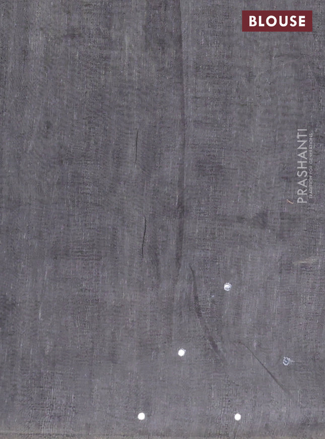 Semi linen saree pastel grey with madhubani prints & mirror work and simple border