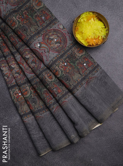 Semi linen saree dark grey with madhubani prints & mirror work and simple border