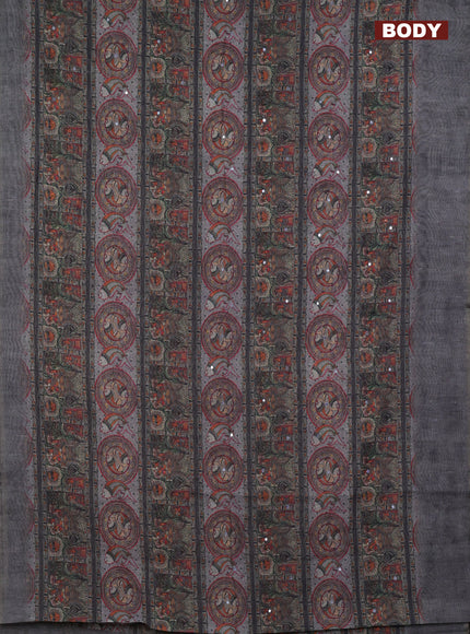Semi linen saree dark grey with madhubani prints & mirror work and simple border