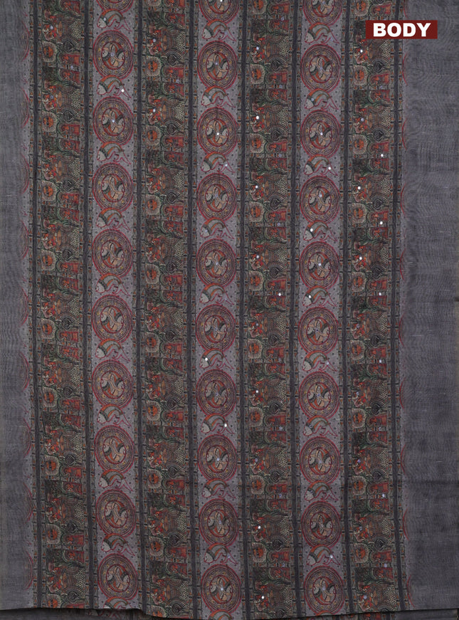 Semi linen saree dark grey with madhubani prints & mirror work and simple border