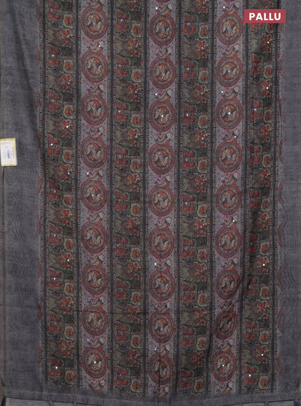 Semi linen saree dark grey with madhubani prints & mirror work and simple border