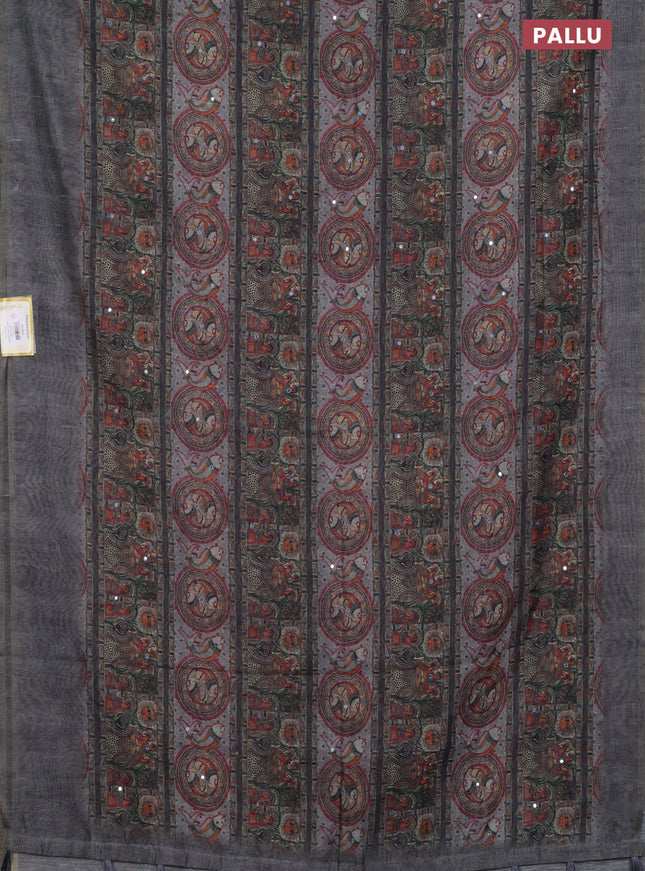 Semi linen saree dark grey with madhubani prints & mirror work and simple border