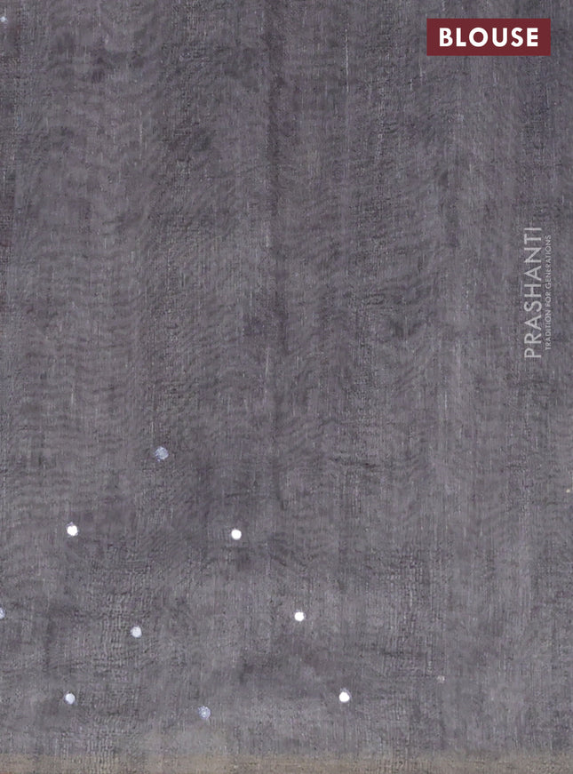 Semi linen saree dark grey with madhubani prints & mirror work and simple border