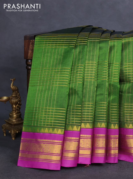 Silk cotton saree green and purple with zari checked pattern and zari woven korvai border