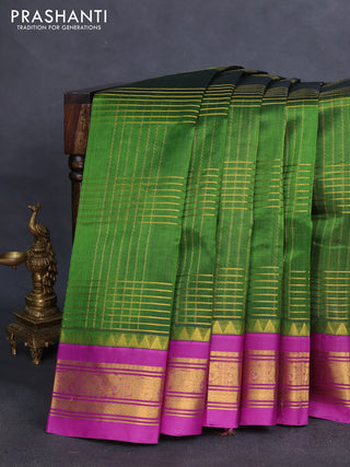 Silk cotton saree green and purple with zari checked pattern and zari woven korvai border