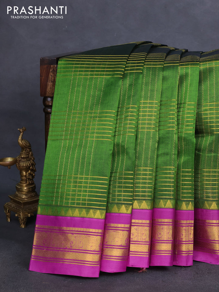 Silk cotton saree green and purple with zari checked pattern and zari woven korvai border