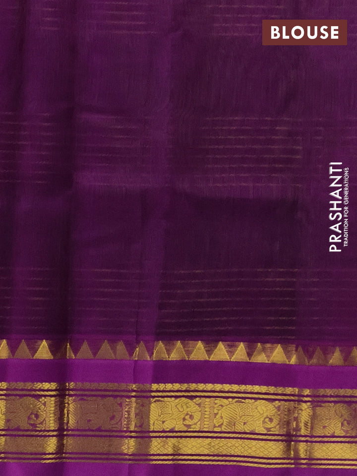 Silk cotton saree green and purple with zari checked pattern and zari woven korvai border