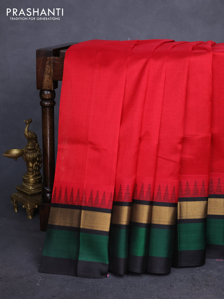 Kuppadam silk cotton saree red and black with plain body and temple design zari woven simple border