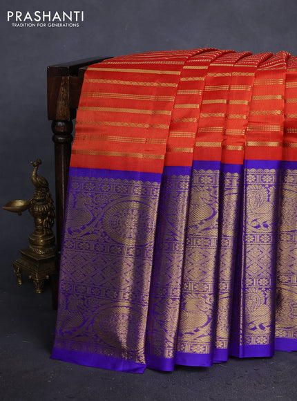 Kuppadam silk cotton saree rustic orange and blue with allover veldhari pattern and long zari woven border