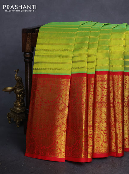 Kuppadam silk cotton saree lime green and red with allover veldhari pattern and long zari woven border
