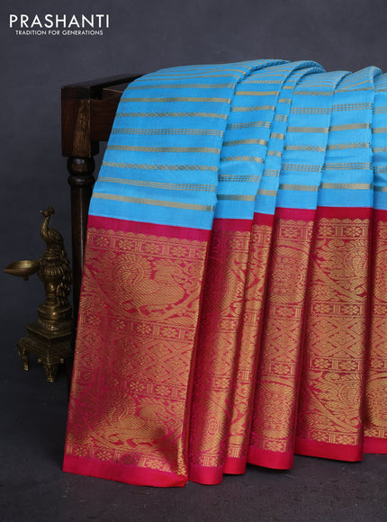 Kuppadam silk cotton saree light blue and pink with allover veldhari pattern and long zari woven border