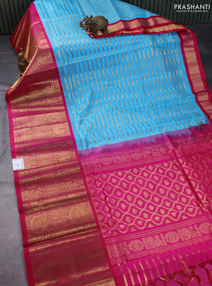 Kuppadam silk cotton saree light blue and pink with allover veldhari pattern and long zari woven border