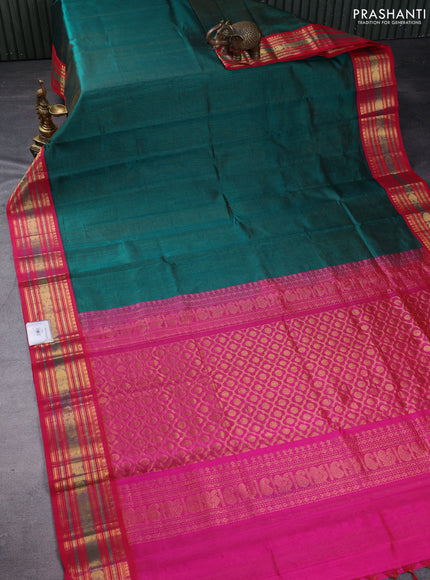 Silk cotton saree green and pink with allover vairosi pattern and zari woven korvai border