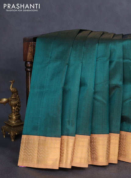 Silk cotton saree green and sandal with allover vairosi pattern and rich zari woven korvai border