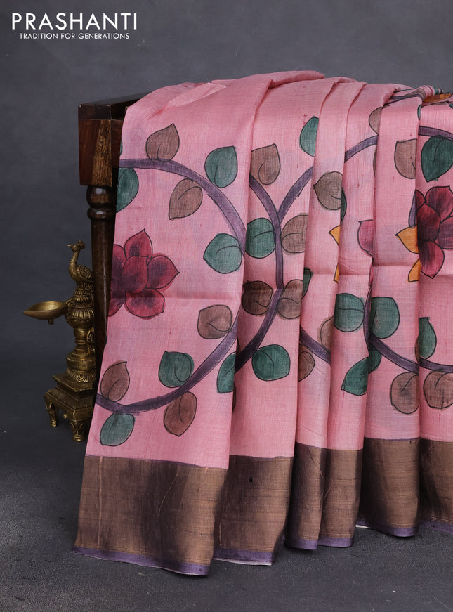 Pure tussar silk saree peach pink and deep wine shade with allover kalamkari hand painted prints and zari woven border