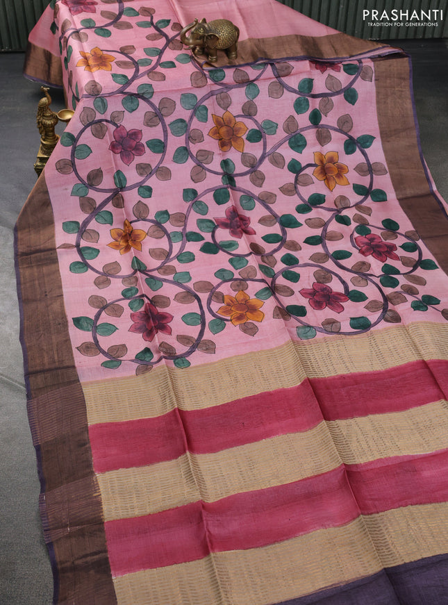 Pure tussar silk saree peach pink and deep wine shade with allover kalamkari hand painted prints and zari woven border