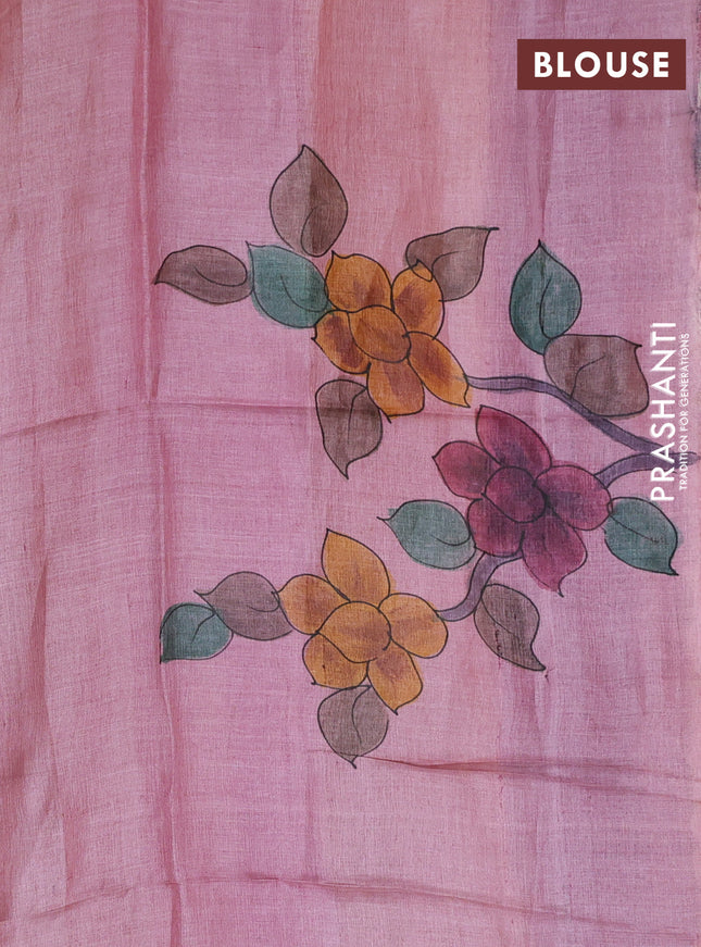 Pure tussar silk saree peach pink and deep wine shade with allover kalamkari hand painted prints and zari woven border