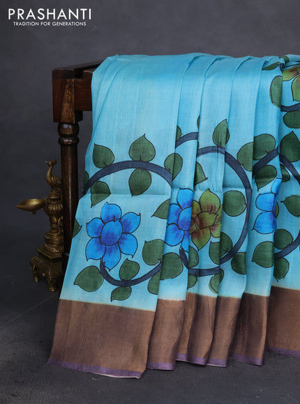 Pure tussar silk saree teal blue and pastel wine shade with allover kalamkari hand painted prints and zari woven border