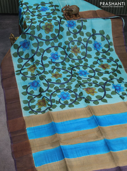 Pure tussar silk saree teal blue and pastel wine shade with allover kalamkari hand painted prints and zari woven border