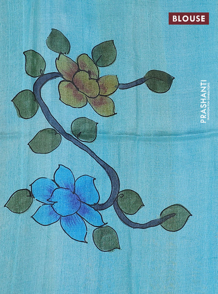 Pure tussar silk saree teal blue and pastel wine shade with allover kalamkari hand painted prints and zari woven border