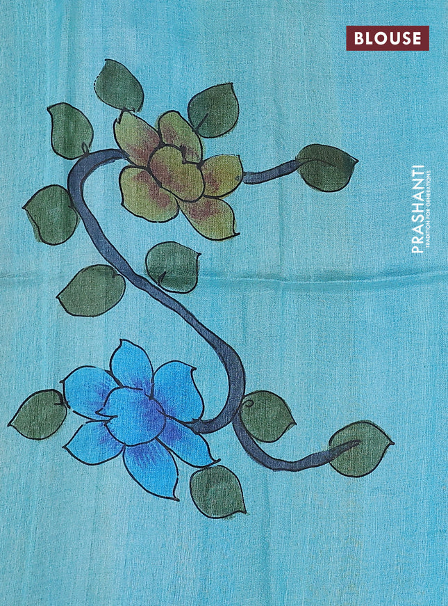 Pure tussar silk saree teal blue and pastel wine shade with allover kalamkari hand painted prints and zari woven border