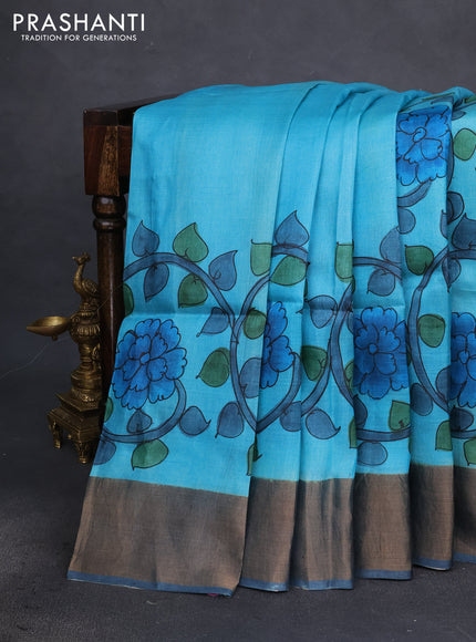 Pure tussar silk saree teal blue and dark grey with allover kalamkari hand painted prints and zari woven border