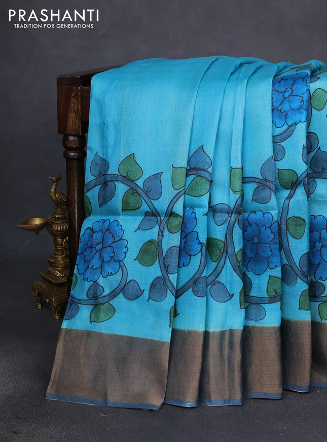 Pure tussar silk saree teal blue and dark grey with allover kalamkari hand painted prints and zari woven border