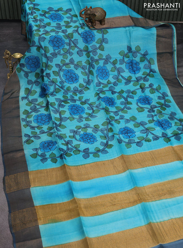 Pure tussar silk saree teal blue and dark grey with allover kalamkari hand painted prints and zari woven border