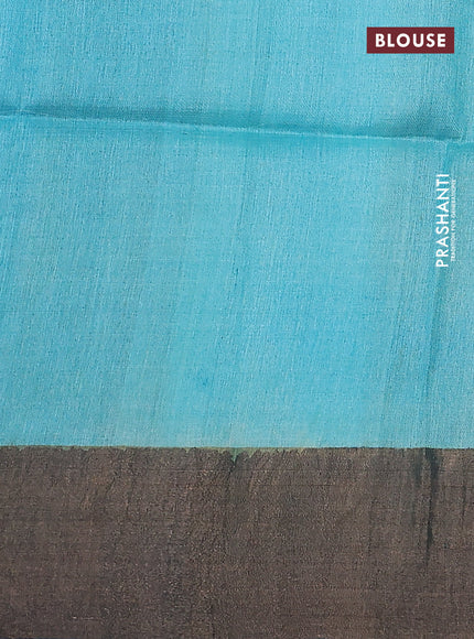 Pure tussar silk saree teal blue and dark grey with allover kalamkari hand painted prints and zari woven border