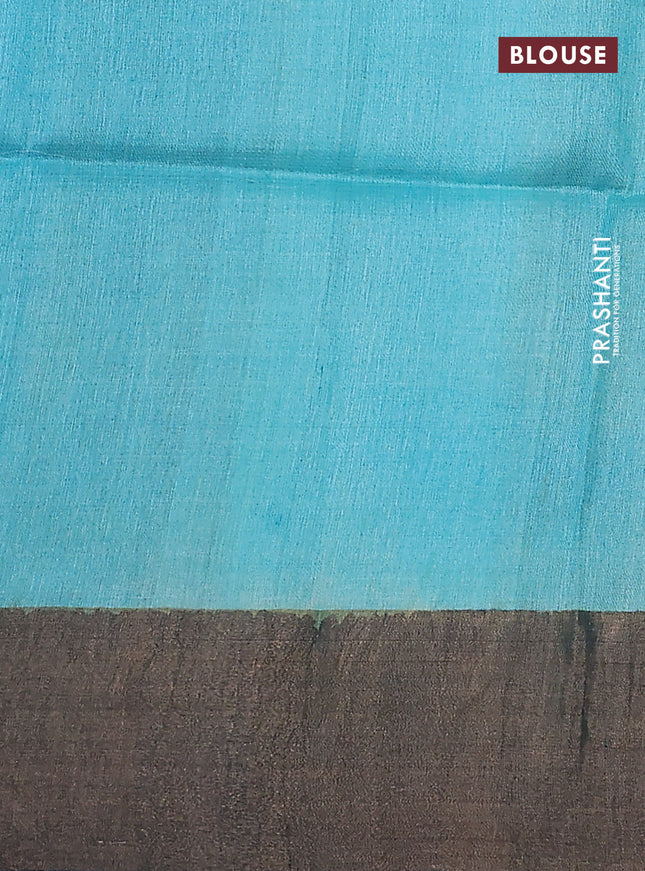 Pure tussar silk saree teal blue and dark grey with allover kalamkari hand painted prints and zari woven border