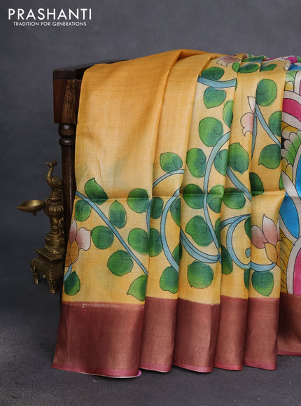 Pure tussar silk saree multicolour and blue yellow with allover kalamkari hand painted prints and zari woven border